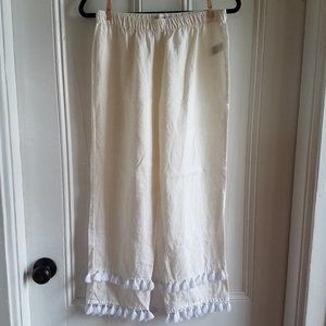 Cynthia Rowley Pull-On Linen Pants~Tassels Accent~Off-White Ivory Cream~S-M NEW